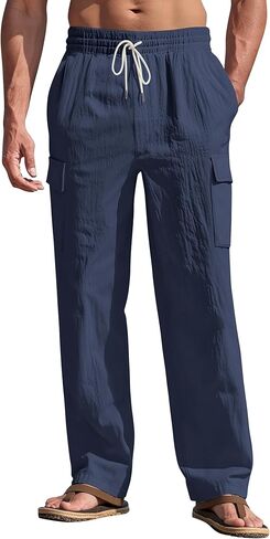 Mens Linen Pants Casual Summer Beach Pants Lightweight Drawstring Yoga Trousers Vacation Cargo Pants with Pockets in Saudi Arabia