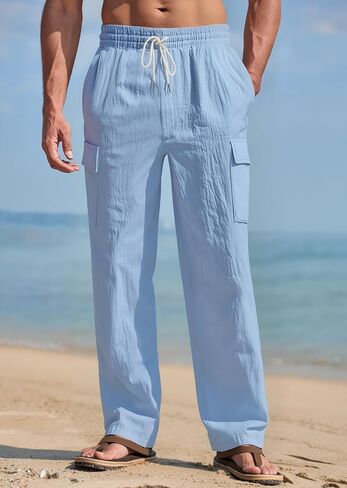 Mens Linen Pants Casual Summer Beach Pants Lightweight Drawstring Yoga Trousers Vacation Cargo Pants with Pockets in Saudi Arabia