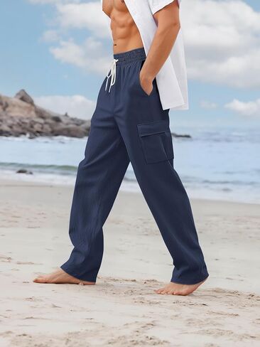 Mens Linen Pants Casual Summer Beach Pants Lightweight Drawstring Yoga Trousers Vacation Cargo Pants with Pockets in Saudi Arabia