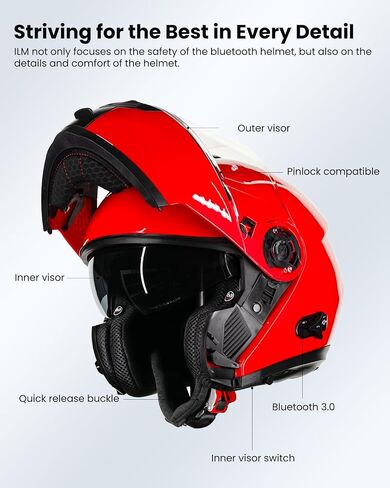 ILM Bluetooth Motorcycle Modular Helmet 2-3 Riders Intercom Flip up Full Face Helmet with Dual Visor DOT Model 159BT (MatteBlack, L) in Kuwait