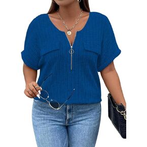فيراسي زائد الحجم أعلى للنساء البلوزات الأكمام القصيرة Zip-up v top womens fashion 2025 العصرية قميص العمل غير الرسمي 1x-5x