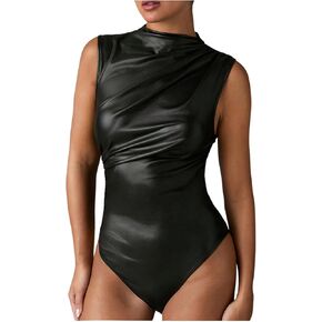 WDIRARA Women's Mock Neck PU Leather Bodysuit Ruched Sleeveless Tank Body Suit Tops Leotard