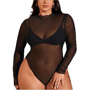 WDIRARA Women's Plus Size Long Sleeve Bodysuit Sheer Mesh Jumpsuit See Through Mock Neck Leotard Tops