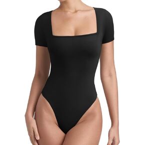 REORIA Womens Square Neck Bodysuits 2025 Short Sleeve Double Lined Basic Going Out Body Suits Tops