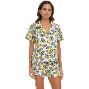 Minions Women’s Pajama Set, Soft Stretchy Pajama Shorts & Short Sleeve, Notch Collar, Button Down Top