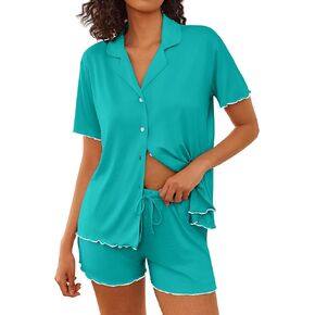 Ekouaer Womens Pajama Sets Button Up Bride Pjs Set 2 Piece Soft Sleepwear Short Sleeve Lounge Sets with Shorts, S-XXL