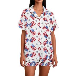 Women 4th of July Pajamas Set American Flag Print Satin Button Down Short Sleeve Tops Shorts 2 Piece Loungewear