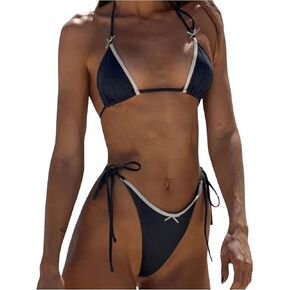 Milumia Women's Color Block Bow Halter String Triangle Bikini Set Sexy Thong Cheeky Two Piece Swimsuit