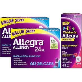 Allegra Allergy Relief Family Bundle, Non-Drowsy Indoor-Outdoor Allergy Medicine with Fexofenadine HCI, Adult 24HR Gelcaps, 60 ct, 2 pk, Children's 12HR Liquid, Berry, 4 oz.