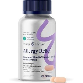 Foster & Thrive Fexofenadine HCl غير النعس من الحساسية لحمى القش ، حبوب اللقاح ، عيون الحكة ، والحساسية الموسمية ، الدعم الفعال للأطفال والبالغين ، 180 ملغ ، 100 قرص