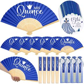 50 مجموعة من الحفلات Quinceanera للضيوف Mis Qunice قابلة للطي المشجعين مراوح الخيزران مع Thanks لك العلامات وحقيبة الهدايا المحمولة المحمولة مفضل 15 عيد ميلاد الحفلات للفتيات (الأزرق)