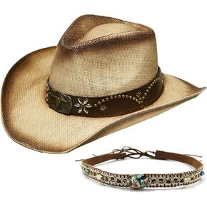 Straw Western Cowboy Hat Men & Women,Adjustable Rhinestone Strap- Western Style Outdoor Party Hat Festivals
