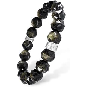 Men's Beaded Bracelet with Sterling Silver Charm 10mm Gold Obsidian Tiger Eye Natural Gemstone Gift for Men, 5.9''-7.1''