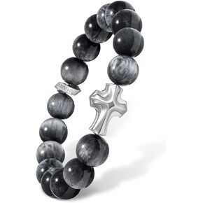 AWNL® Men's Beaded Bracelet Premium Sterling Silver Central Charm with Natural Gemstones Hawk Eye Amethyst Phantom Quartz (10mm) Elastic Cord Bracelet for Men, 5.5"-7.5"
