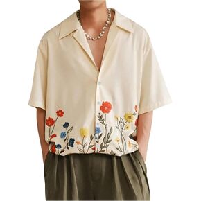 Men's Floral Button Down Shirts Short Sleeve Drop Shoulder Beach Casual Dress Collared Shirts Tops