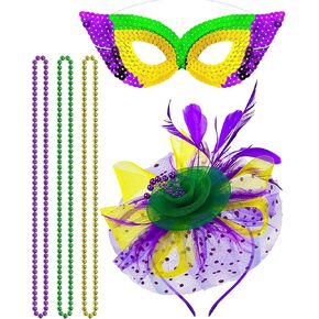 Mardi Gras Fascinators Feather Headband Beads Masquerade Mask Halloween Costume Accessories Set for Women Girls