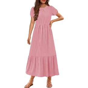 YOVION Girls Maxi Dress Summer Puff Sleeve Crew Neck Tiered Flowy Casual Holiday Dresses with Pockets for 6-12 Y