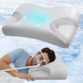 وسادة Ikstar التبريد CPAP للنوم الجانبي - وسادة توقف التنفس أثناء النوم لمستخدم CPAP - تقليل تسرب الهواء/خرطوم التشابك/القناع - دعم الرغوة الدعم للوسائد الأنفية الجانب/الظهر/المعدة نائمة