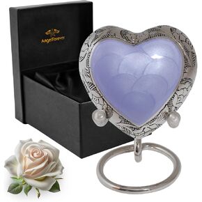 Heart Urns for Human Ashes - Small Purple Brass Urn with Lavender Enamel Heart Pattern - Keepsake Urn with Stand & Box (Purple, Small)