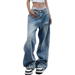 Xineicy Women's Jeans Wide Leg Baggy Jeans Low Waist Y2K Loose Boyfriends Denim Pants Vintage Streetwear