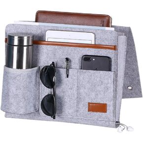 Bedside Caddy, Felt Bed Storage Organizer Hanging Bag Holder with 5 Pockets for Magazine Book Phone Tablet iPad Cables Remote & Water Bottle Holder Home Dorm Bed Sofa-Light Gray