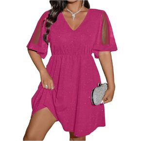 Floerns Women's Plus Size Generation Mesh Half Flounce Sleeve v Neck Grick Flared Hem