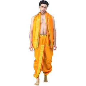 Ready to Wear Dhoti and Angavastram Set with Woven Golden Leaves Border in Saudi Arabia