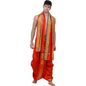 Ready to Wear Dhoti and Angavastram Set with Woven Golden Leaves Border