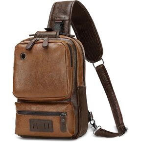 Vintage PU Leather Sling Backpack for Men, Crossbody Bag, Adjustable Shoulder Strap, Compact Backpack for Travel, Daily Use, and Gift, Light Brown
