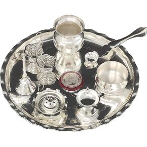 Silver Plated Pooja thali Set 9.5 Inch with Plate Kalash Palli Diya Kumkum Holder Bowl Dhup Dan Coin Ghanti Puja Thali for Diwali Home Mandir Office Wedding Return Gift Items