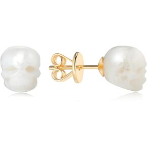 Handmade Skull Pearl Stud Earrings – Gothic Punk Jewelry for Women & Men, 925 Silver Posts, Emo Rocker Earrings Gift for Halloween or Statement Style