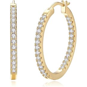 14K Gold Hoop Earrings for Women 14K Gold Earrings Radiant Cubic Zirconia Hoop Earring for Womens Earring (30mm)