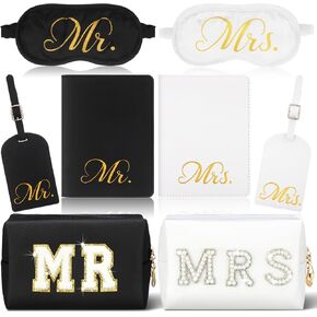 Abbylike 6 PCS MR و MRS Honeymoon Travel Gift 2 علامات الأمتعة حامل جواز السفر 2 قناع النوم 2 الأكياس التجميلية تغطي هدايا مشاركة السفر للزفاف الأزواج