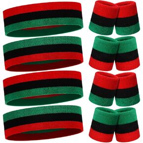 12 Pack Juneteenth Headband and Wristbands Set Rasta Sweatbands Elastic Red Hairband Bracelets Neon Sports Sweatbands Set for Jamaica African Afro-American Festival Kwanza Gifts Black History Month