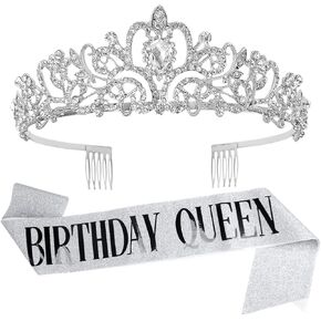 AOPRIE Birthday Crown for Women - Silver Princess Tiara with Rhinestone - Queen Sash - Party Favor