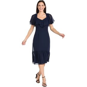 فستان شيفون ميدي الأنيق مع قمة الكشكش و CHIFFON CAPELET