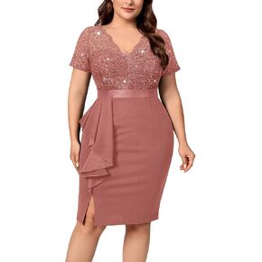 Miusol Women's Plus Size V Neck Sequin Floral Lace Contrast Ruffle Trim Slit Cocktail Dress