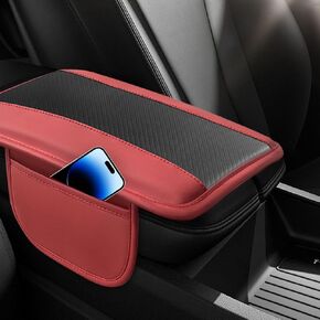 Car Center Console Cover, Carbon Fiber Leather Car Armrest Cover Protector, Auto Middle Console Support Pad with Side Storage, Universal Storage Box Cushion for Most Vehicle Interior (Red)