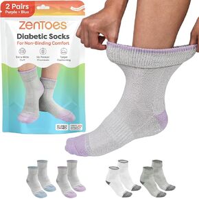 ZenToes Diabetic Socks for Women & Men | 2 Breathable Pairs with Arch Support | Non-Binding Cuff to Promote Circulation | Seamless Toe & Moisture Control Design | Large, White & Gray