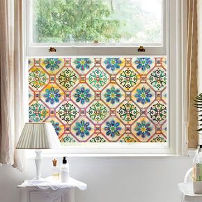 Dktie Retro Stain Glass Window Film for Glass Bas-Relief Texture 2nd Generation Frosted Frasted Frasted Fraste Day و Night 3D Contining Cling Cling (G630 ، 17.7 "× 78.7")