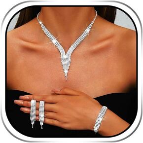 Sixexey Rhinestone Bridal Necklace Earrings Silver Sparkly Jewelry Set Prom Wedding Party Necklace Jewelry Accessories for Women