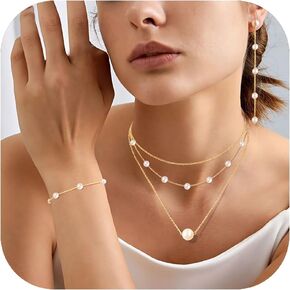 Pearl Gold Jewelry Set for Women - Dainty 14K Gold Plated Pearl Layer Choker Necklace, Bracelet, Drop Earrings - Wedding Jewelry Set for Brides, Gifts