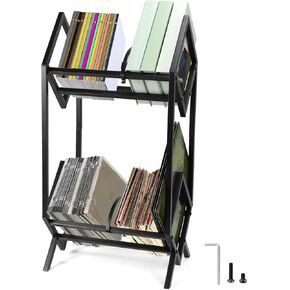 QWORK Record Holder, Matte Black Metal Vinyl Storage Rack, Holds 160-200 LPs, with Support Bar for Enhanced Stability