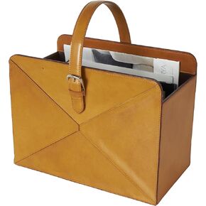Deco 79 Leather Handmade Decorative Magazine Holder Box Style Single Slot Magazine Rack with Detail Stitching and Curved Buckle Handles, File Holder 15" x 10" x 17", Brown