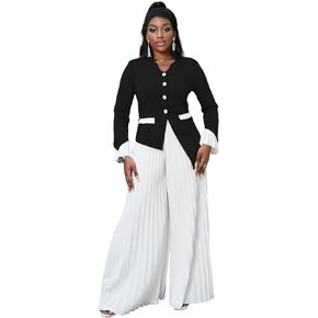 HuiSiFang Womens Suits 2 Piece Set Business Elegant Long Sleeve Blazer Dressy Chiffon Wide Leg Pants