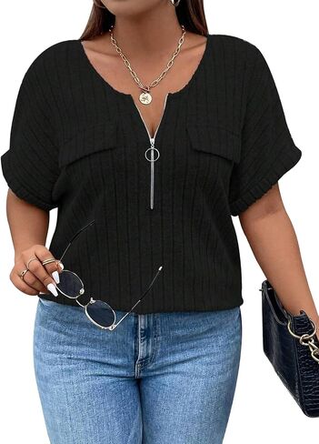 Viracy Plus Size Top for Women Short Sleeve Blouses Zip-up V Neck Top Womens Fashion 2025 Trendy Casual Work Shirt 1X-5X in Saudi Arabia