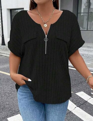 Viracy Plus Size Top for Women Short Sleeve Blouses Zip-up V Neck Top Womens Fashion 2025 Trendy Casual Work Shirt 1X-5X in Saudi Arabia
