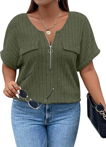 Viracy Plus Size Top for Women Short Sleeve Blouses Zip-up V Neck Top Womens Fashion 2025 Trendy Casual Work Shirt 1X-5X in Saudi Arabia
