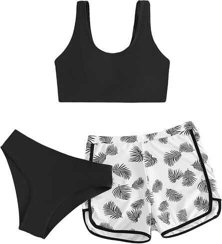 COZYEASE Girl's 3 Piece Bikini Sets Tropical Print Swimsuit Bathing Suit with Shorts in Saudi Arabia