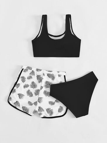 COZYEASE Girl's 3 Piece Bikini Sets Tropical Print Swimsuit Bathing Suit with Shorts in Saudi Arabia